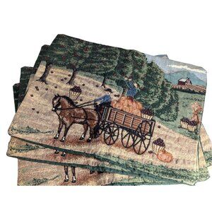 Vintage Harvest Placemats Set of 4 Pumpkin Patch Scene 16" x 12" Horse and Buggy